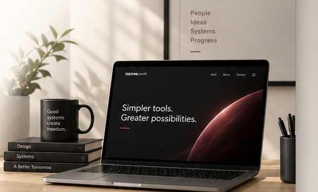 A calm modern workspace showing the nazree.work digital design language